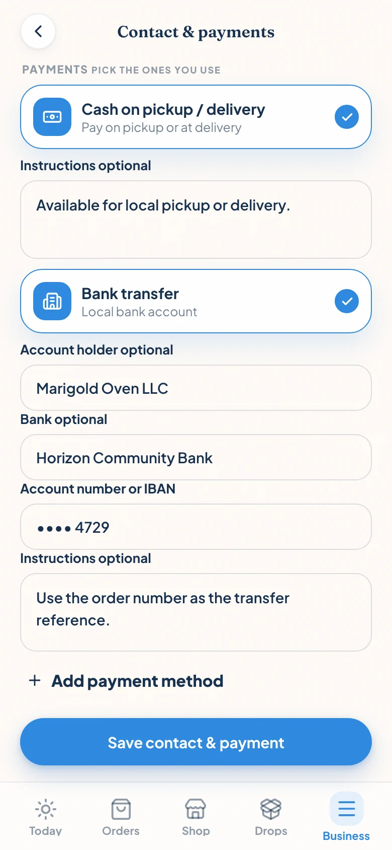 Marigold Oven payment settings showing cash and ACH bank transfer instructions with real business details