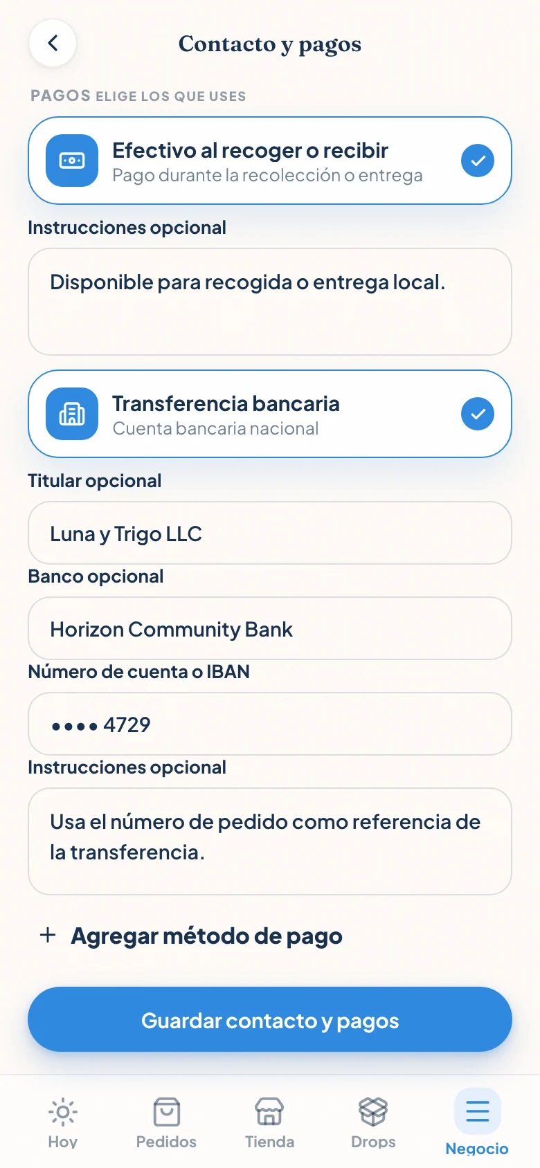 Configuración de pagos de Luna y Trigo con efectivo y transferencia ACH, datos del negocio e instrucciones
