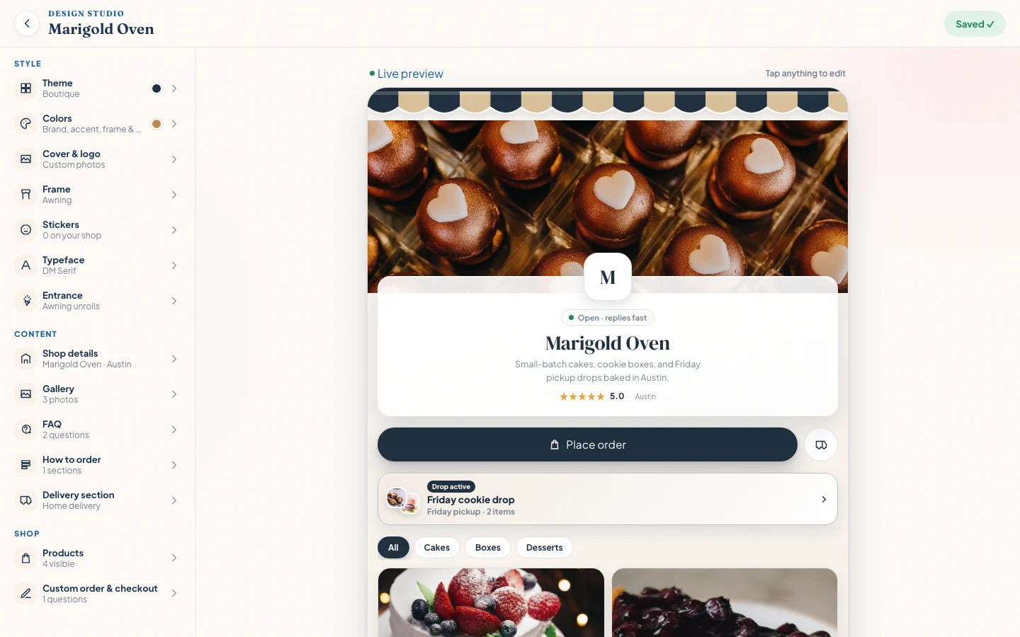 Confita design studio editing the Marigold Oven storefront with live theme and content controls