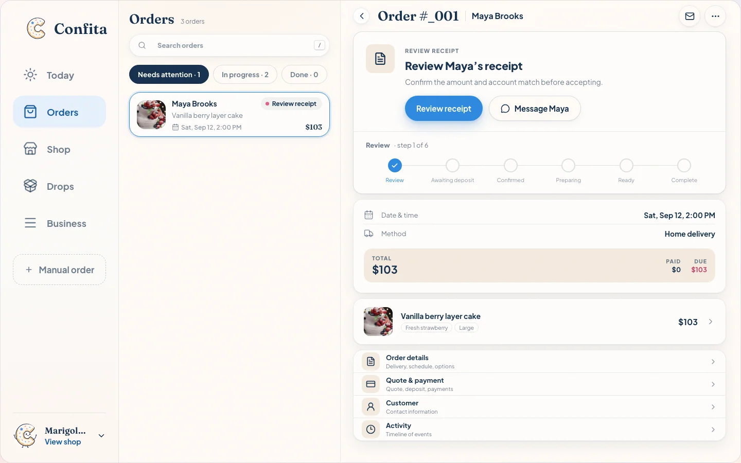 Marigold Oven order workspace showing a customer request, receipt review, fulfillment date, total, and order details