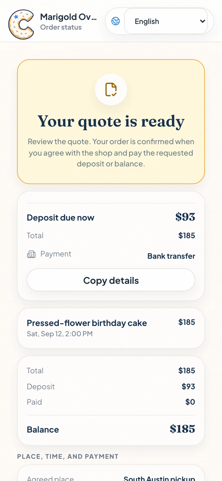 Marigold Oven private cake quote showing 93 dollars due now, 185 dollar total, bank transfer, deposit, paid amount, and balance