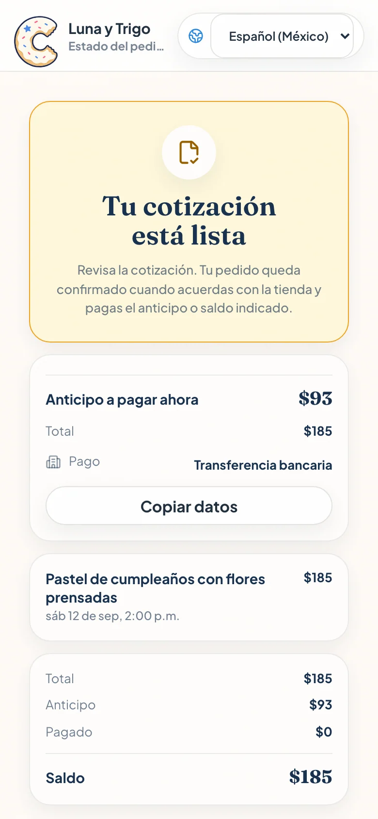 Cotización privada de Luna y Trigo con anticipo de 93 dólares, total de 185, transferencia, saldo y fecha