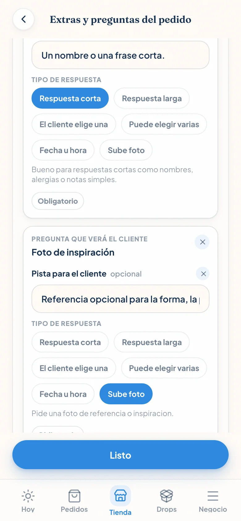 Editor de preguntas de Luna y Trigo con mensaje para el pastel y carga de foto de inspiración