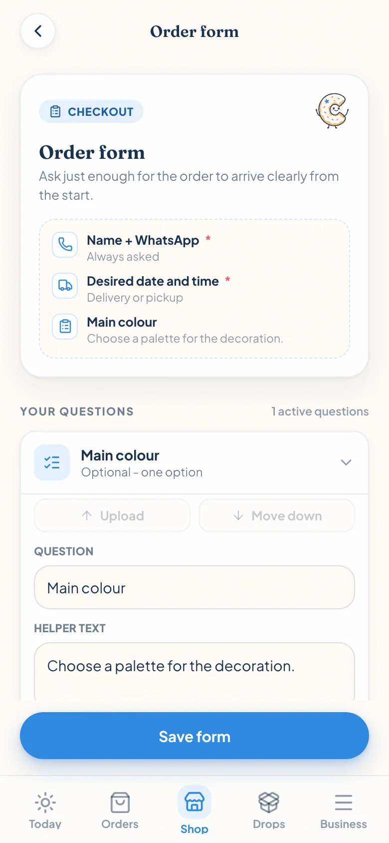 Marigold Oven order form editor showing required contact and date fields plus a custom colour question