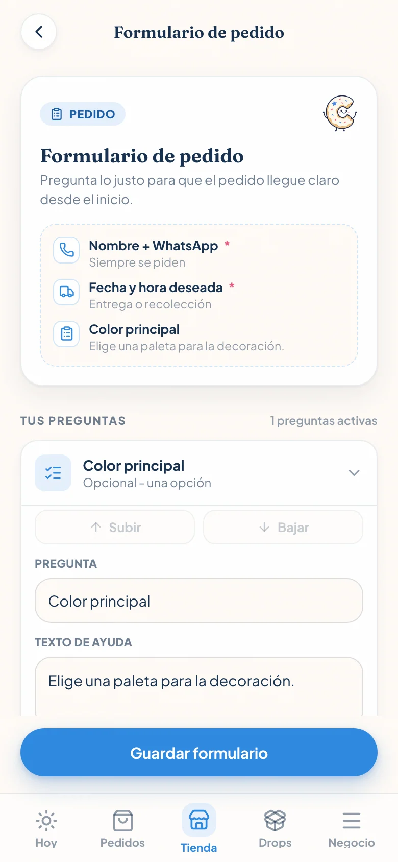 Editor del formulario de Luna y Trigo con contacto, fecha requerida y una pregunta personalizada de color