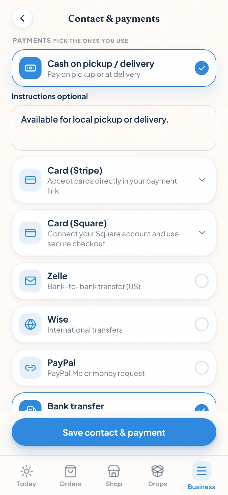 Confita payment settings showing cash, Stripe, Square, Zelle, Wise, PayPal, and bank transfer choices