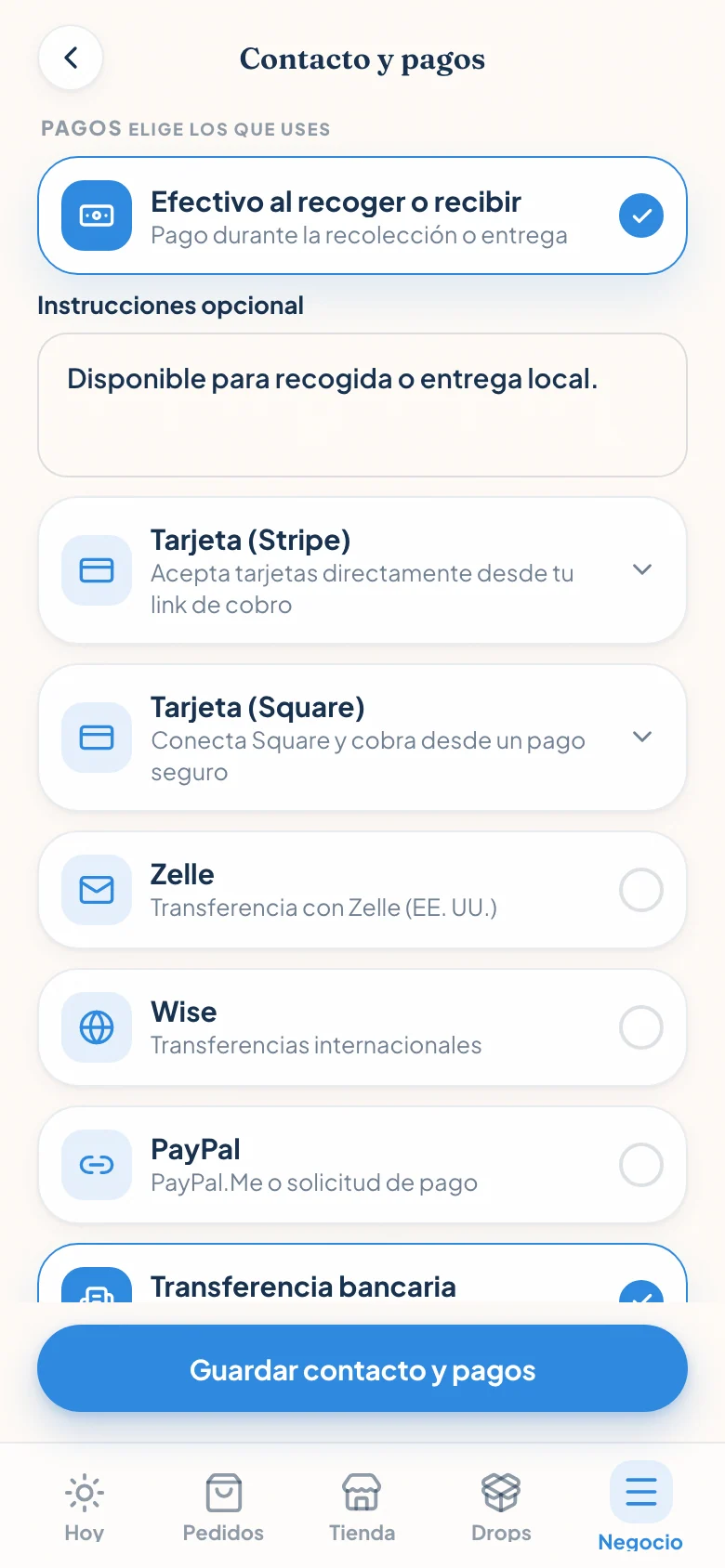Configuración de pagos de Confita con efectivo, Stripe, Square, Zelle, Wise, PayPal y transferencia bancaria