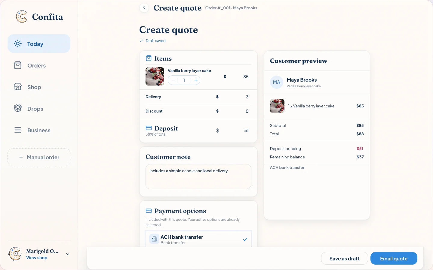 Marigold Oven quote editor showing a cake item price, delivery fee, discount, 58 percent deposit, payment option, and customer preview