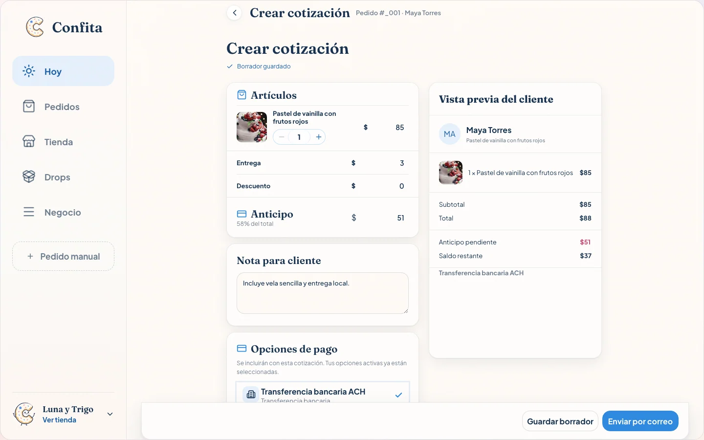 Editor de cotización de Luna y Trigo con precio del pastel, entrega, descuento, anticipo, método de pago y vista previa
