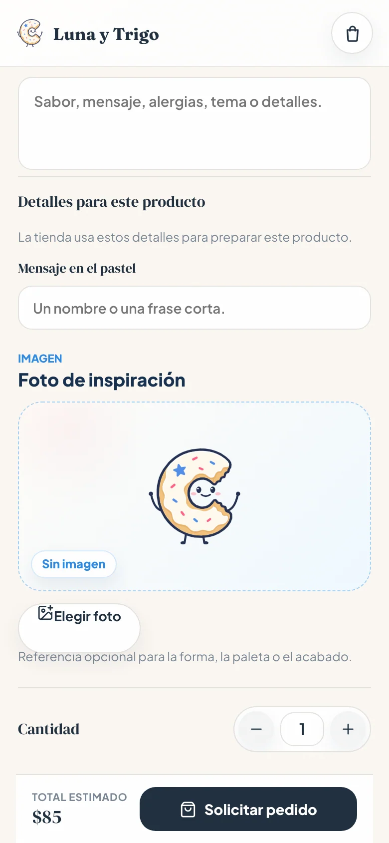 Solicitud de pastel de Luna y Trigo con campo para el mensaje y carga de foto de inspiración