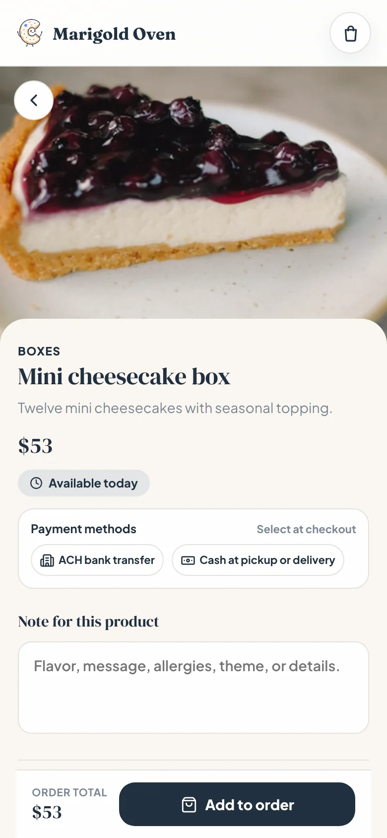 Marigold Oven mini cheesecake product page showing price, availability, payment methods, order notes, total, and add to order action