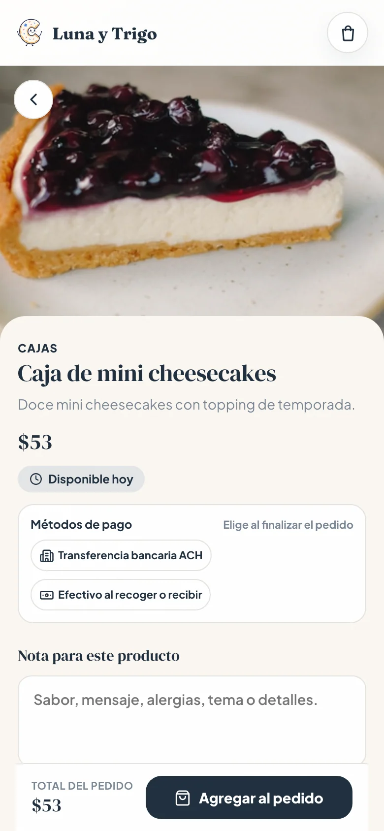 Producto de Luna y Trigo con precio, disponibilidad, métodos de pago, nota, total y botón para agregar al pedido