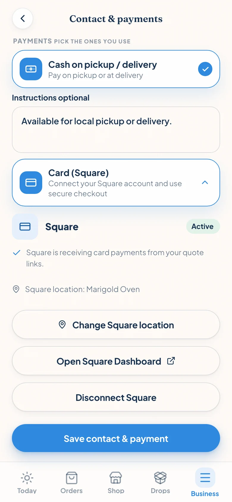 Confita Contact and payments screen showing Square active for Marigold Oven with its connected location and dashboard controls