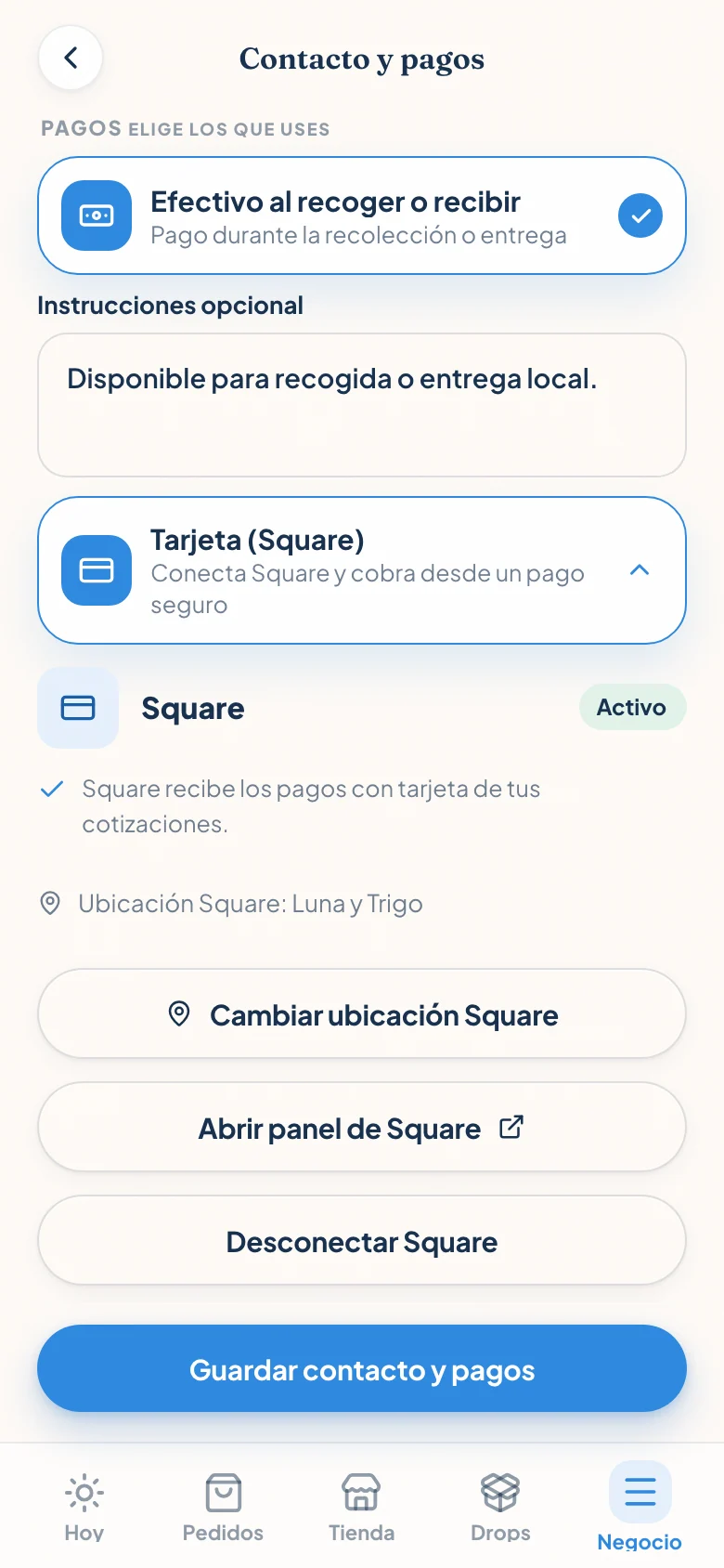 Pantalla Contacto y pagos de Confita con Square activo para Luna y Trigo, ubicación conectada y controles del panel