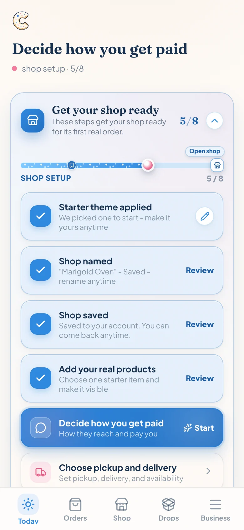 Marigold Oven setup checklist showing theme, shop name, saved shop, real products, payments, and pickup or delivery steps