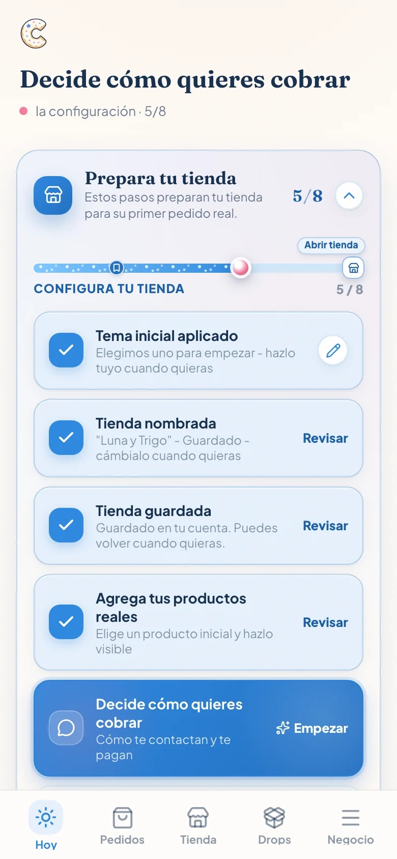 Lista de configuración de Luna y Trigo con tema, nombre, tienda, productos, pagos y entrega o recolección