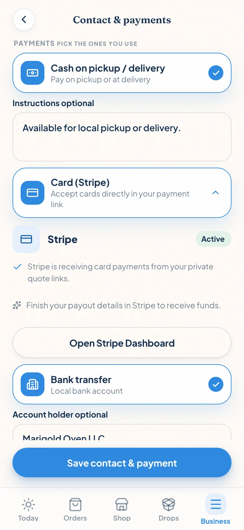 Confita Contact and payments screen showing Stripe active with payout setup and dashboard controls