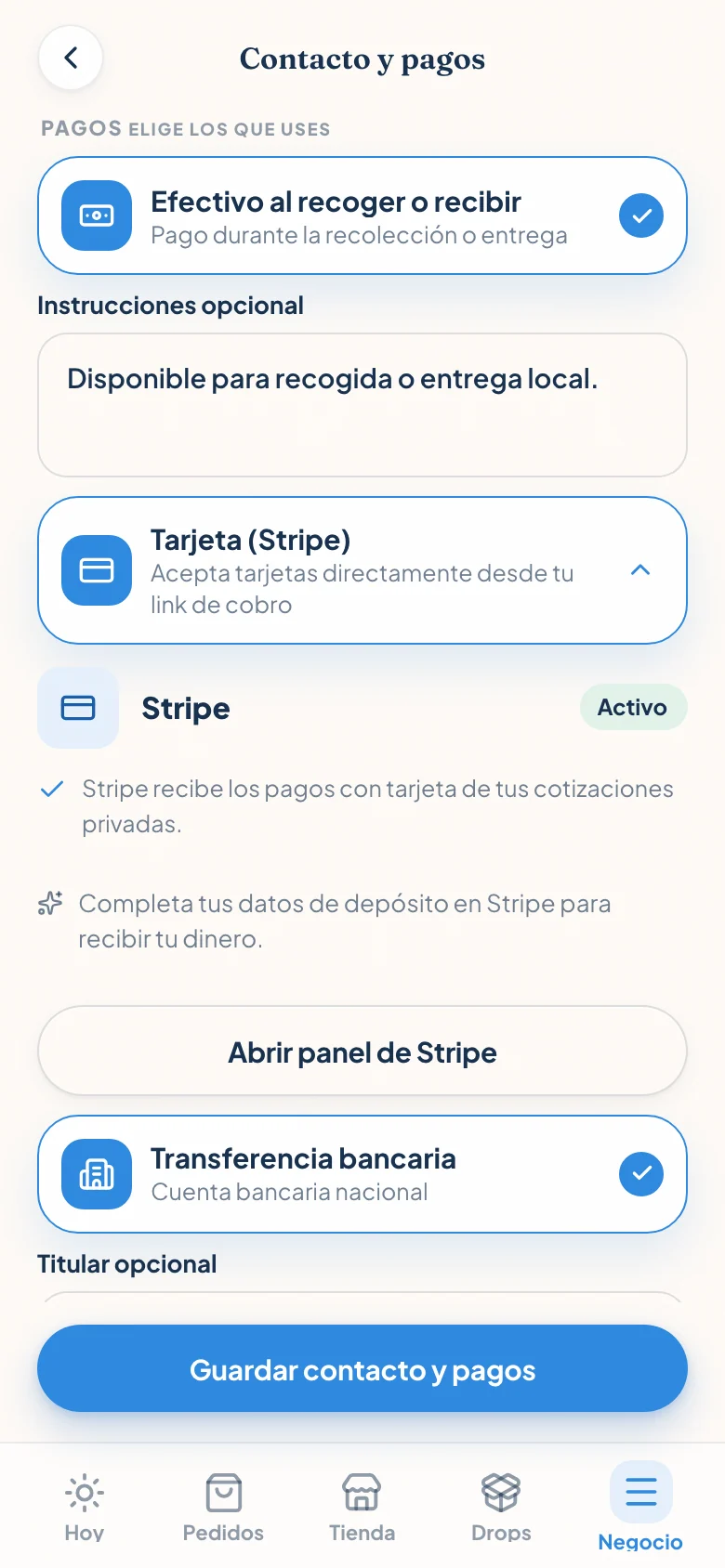 Pantalla Contacto y pagos de Confita con Stripe activo, configuración de depósitos y acceso al panel