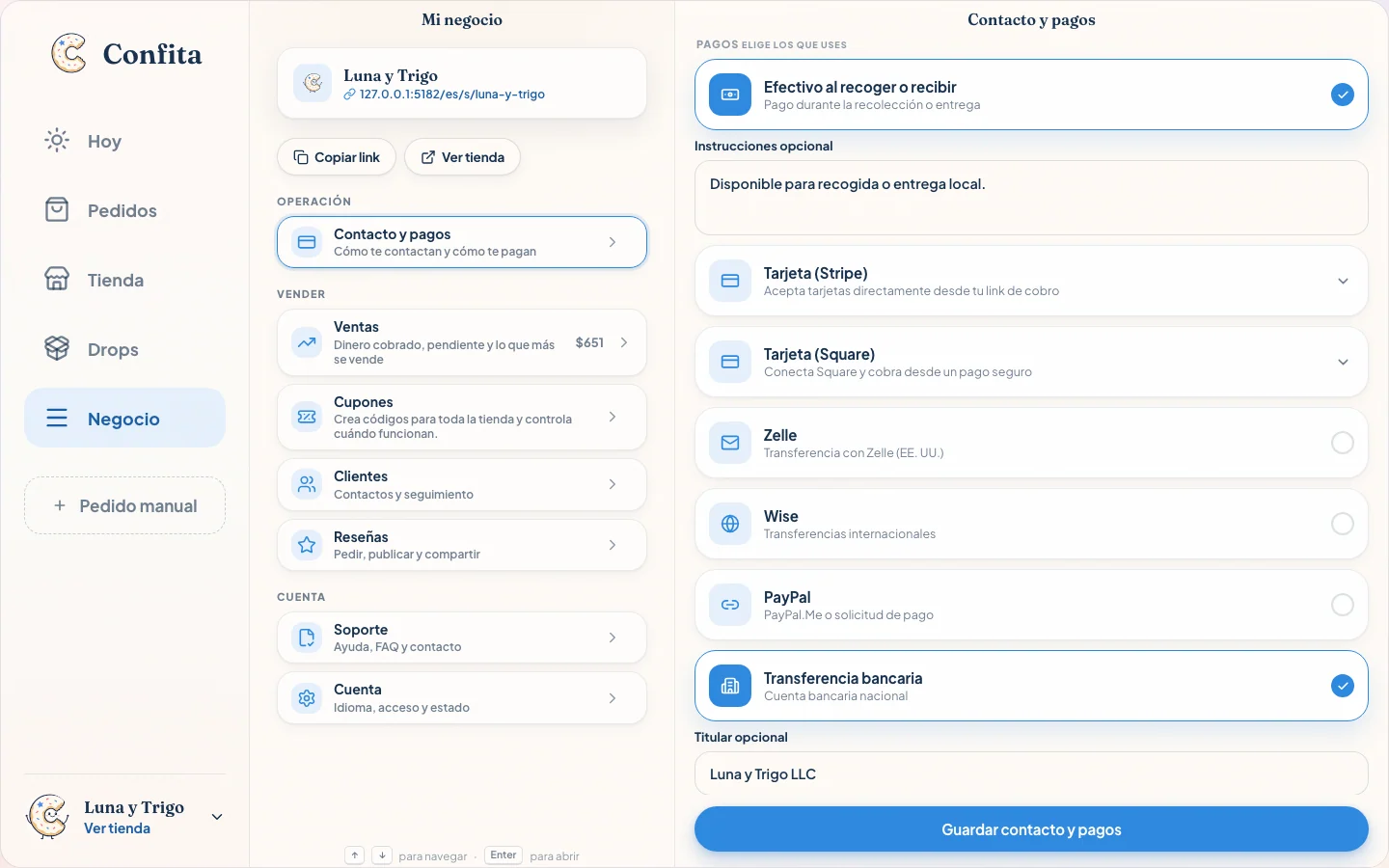 Espacio de pagos de Luna y Trigo con Stripe y Square junto a los demás métodos de cobro
