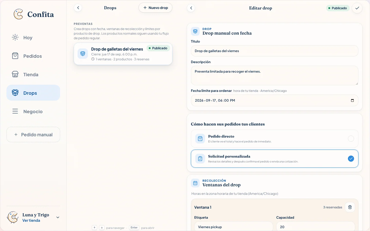 Editor de Luna y Trigo con drop publicado, fecha de corte, solicitud personalizada, horario y reservaciones