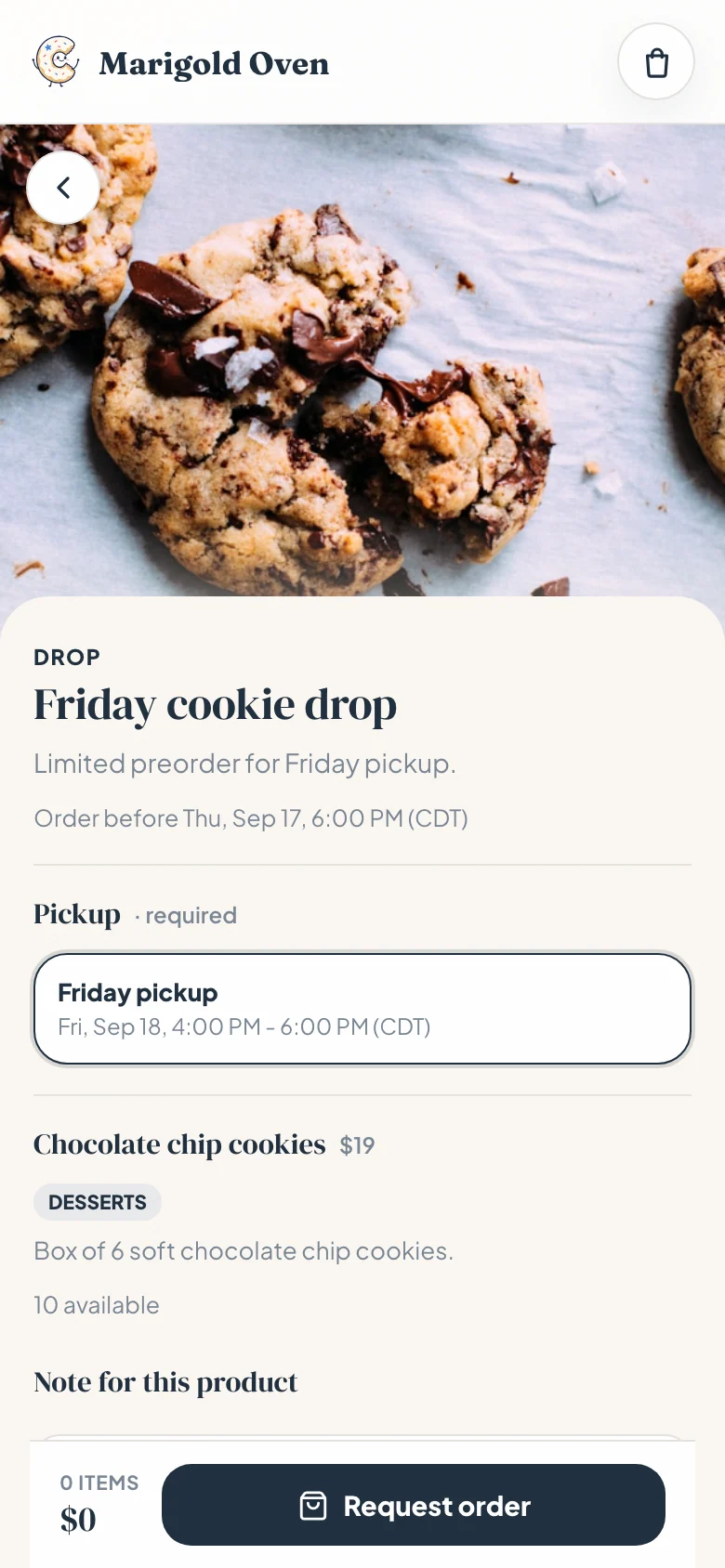 Marigold Oven Friday cookie drop showing cutoff, pickup window, product price, stock, and request order action