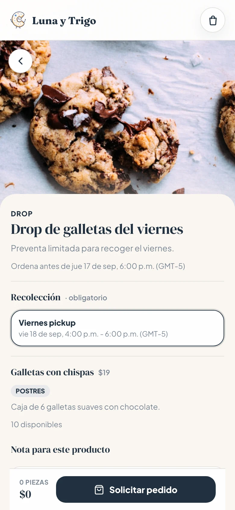 Drop de galletas del viernes de Luna y Trigo con corte, horario, precio, inventario y solicitud de pedido