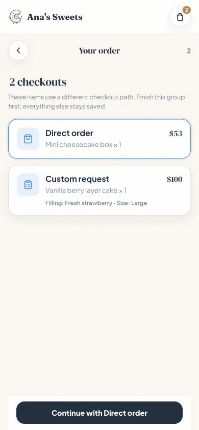 Confita direct-order checkout with fulfilment, payment method, and fixed order total