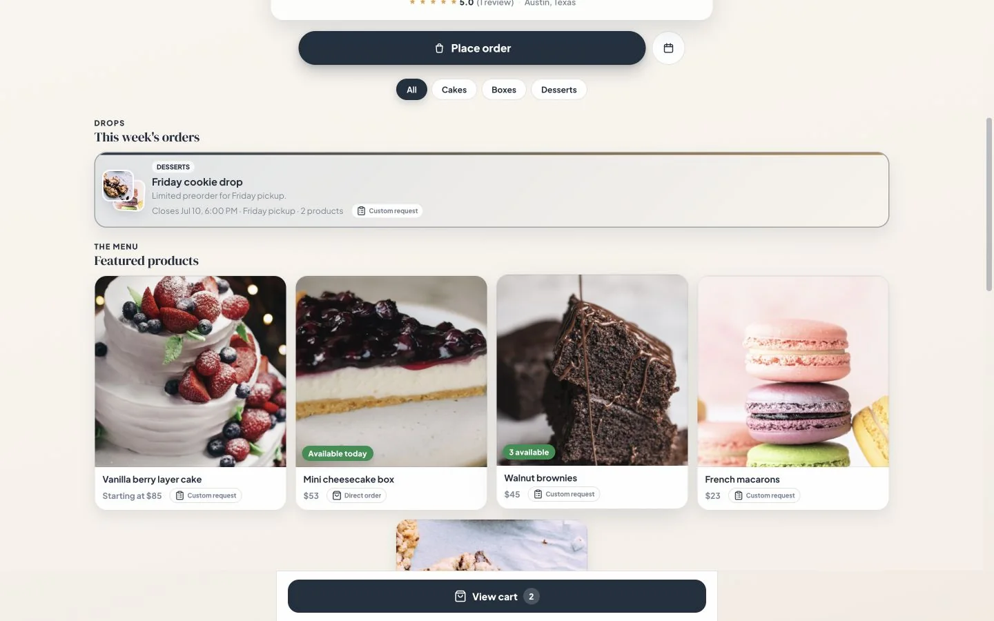 Confita bakery storefront showing Direct order and Custom request products together