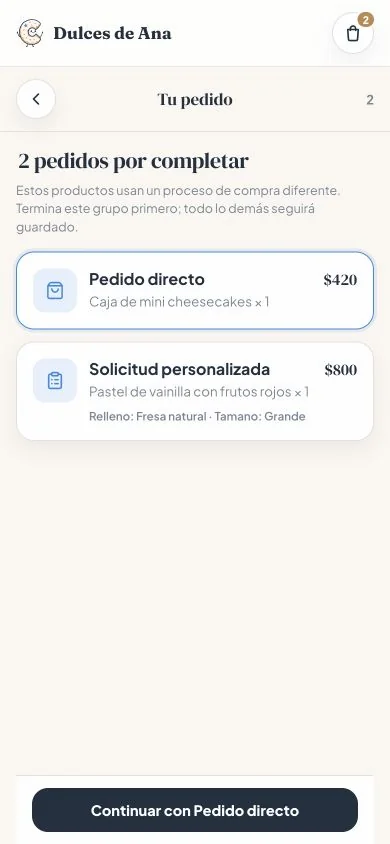 Pantalla de Pedido directo en Confita con entrega, forma de pago y total fijo
