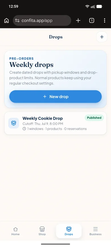 Pantalla de Drops en Confita con Weekly Cookie Drop publicado, corte, horarios, productos y reservaciones