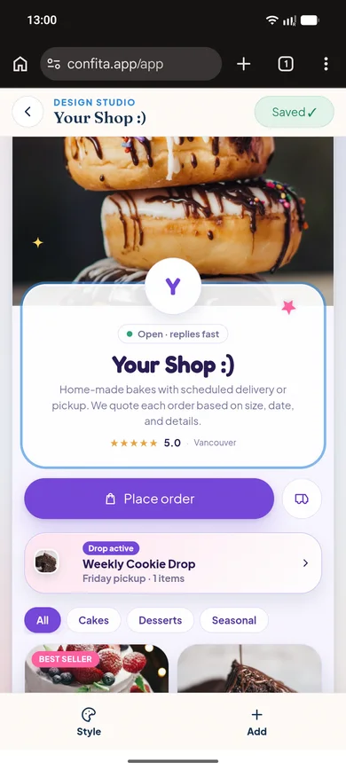 Tienda Confita en celular con tarjeta de Weekly Cookie Drop marcada como Drop active