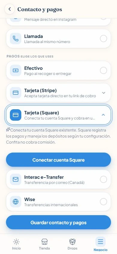 Pantalla Contacto y pagos de Confita con Tarjeta Square desplegada y el botón Conectar cuenta Square