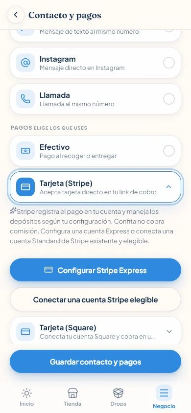 Pantalla Contacto y pagos de Confita con Tarjeta Stripe desplegada y opciones para Stripe Express y una cuenta existente