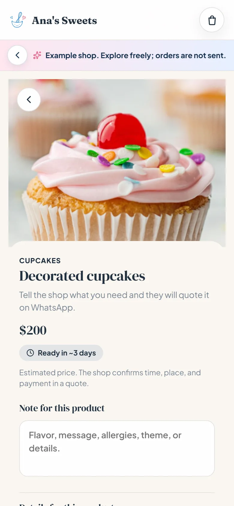 Confita product page with custom order questions and a reference image upload