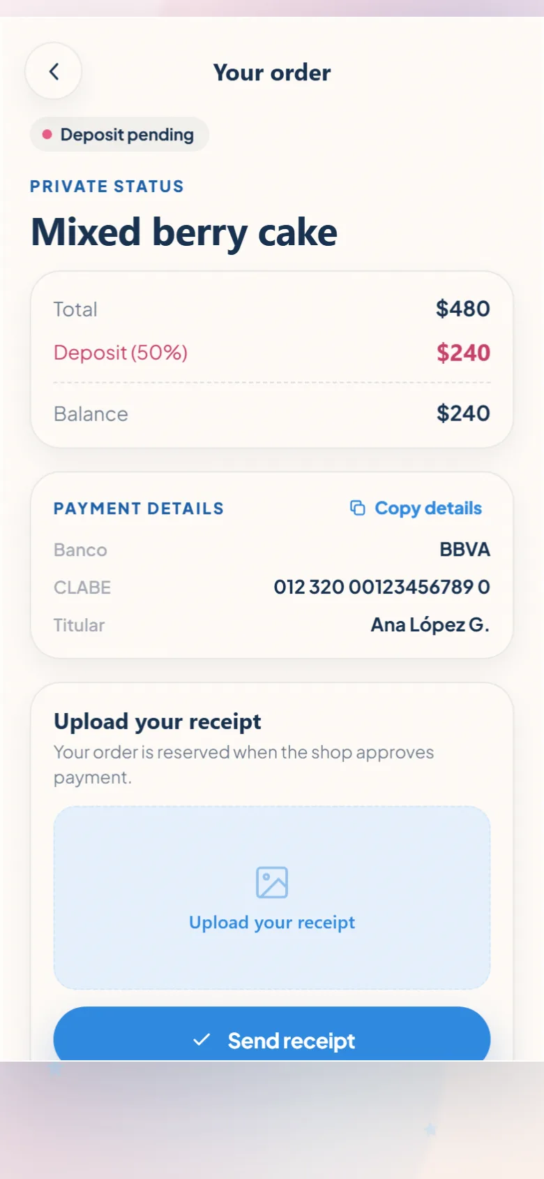 Confita private quote page showing the price, deposit, payment details, and receipt upload