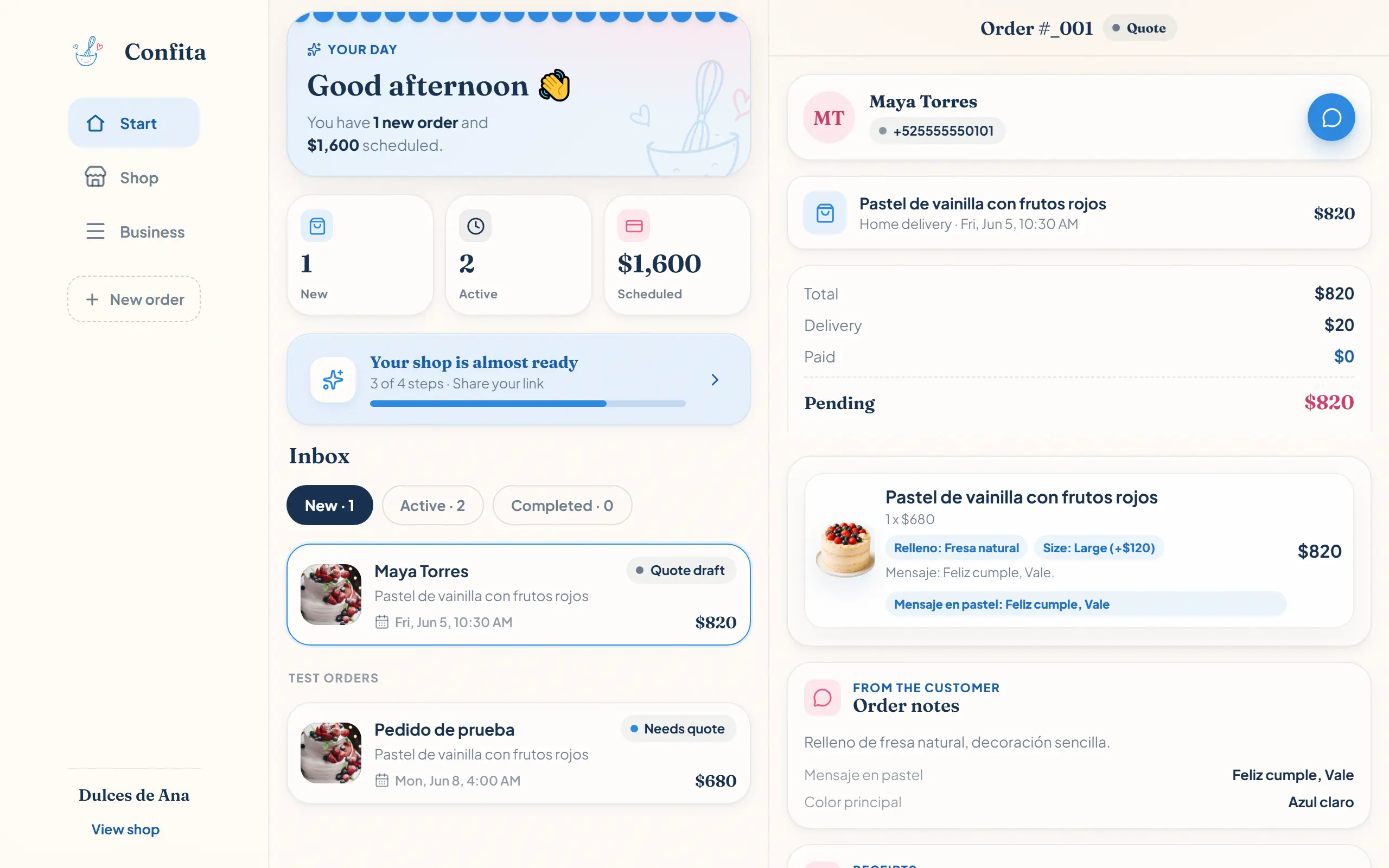 Confita seller dashboard in a desktop browser showing the order inbox with statuses