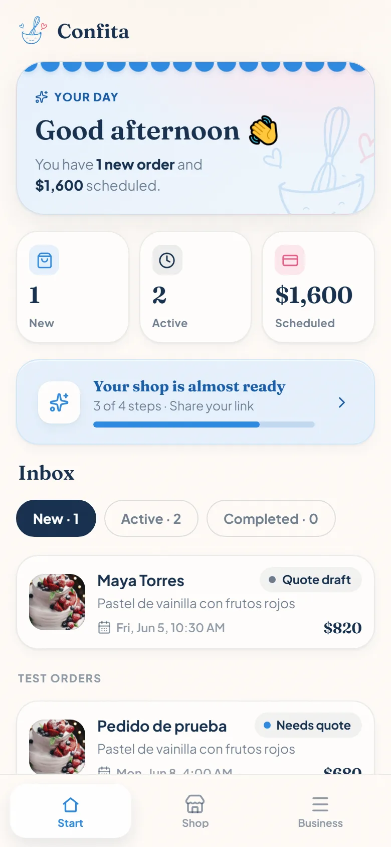 Confita seller order inbox on a phone showing incoming bakery orders with dates and statuses