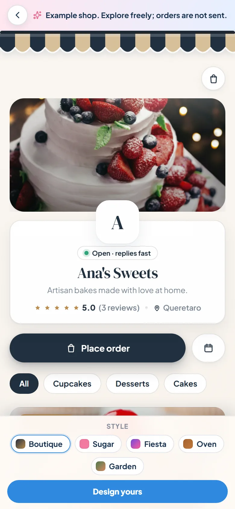 Customer view of a home bakery shop on a phone, with products, prices, and ordering