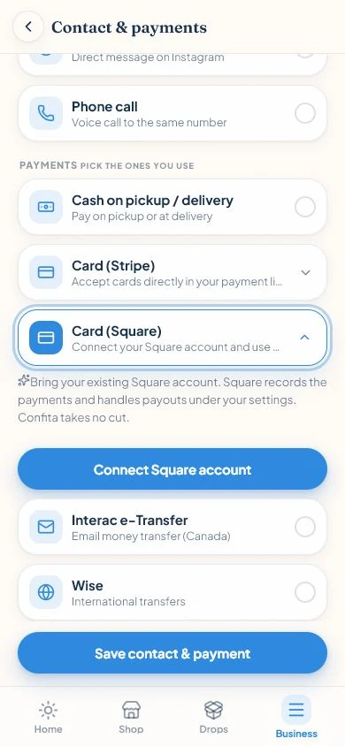 Confita Contact and payments screen with Card (Square) expanded and a Connect Square account button