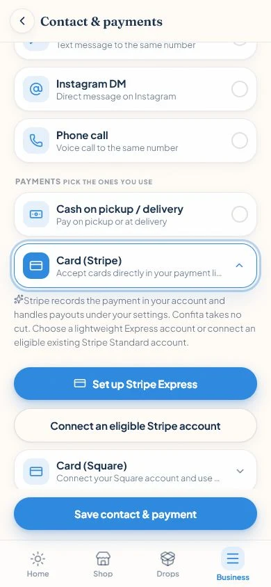 Confita Contact and payments screen with Card (Stripe) expanded and buttons for Stripe Express and an existing Stripe account